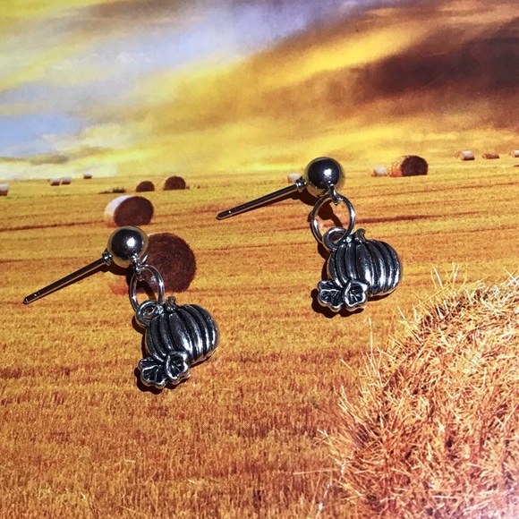 Pumpkin earrings stainless studs silver fall 925 - Picture 1 of 7